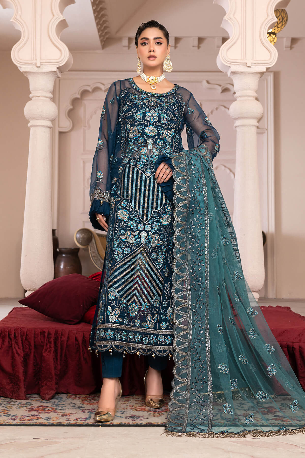 JJ EMBELLISH BY JANIQUE LUXURY EMBROIDERED UNDTITCHED SUIT D-002 Blue Contour