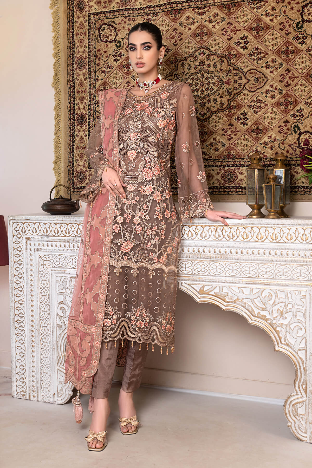 JJ EMBELLISH BY JANIQUE LUXURY EMBROIDERED UNDTITCHED SUIT D-005 Apricot Blossom
