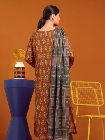 Edenrobe Printed Khaddar 3pc Unstitched Suit Rust EWU23A3-27040