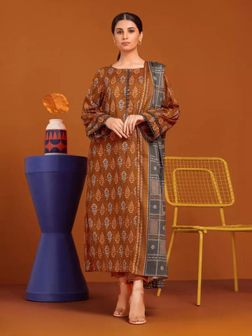 Edenrobe Printed Khaddar 3pc Unstitched Suit Rust EWU23A3-27040