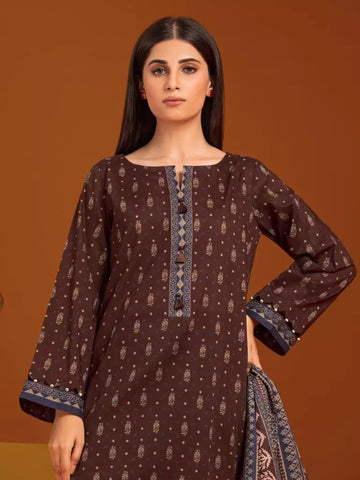 Edenrobe Printed Khaddar 3pc Unstitched Suit Dark Brown EWU23A3-27048