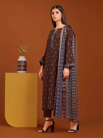 Edenrobe Printed Khaddar 3pc Unstitched Suit Dark Brown EWU23A3-27048