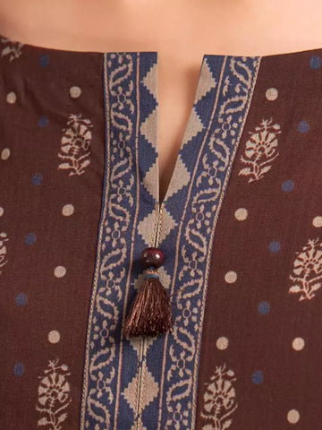 Edenrobe Printed Khaddar 3pc Unstitched Suit Dark Brown EWU23A3-27048