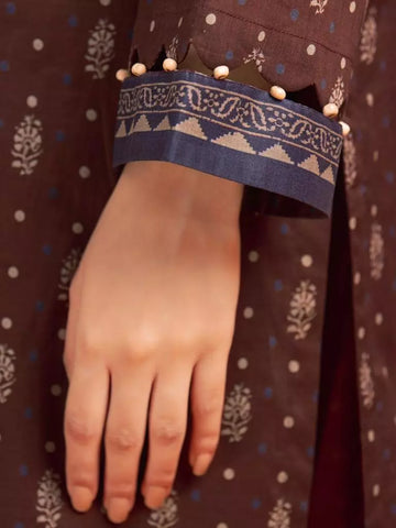 Edenrobe Printed Khaddar 3pc Unstitched Suit Dark Brown EWU23A3-27048