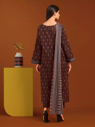 Edenrobe Printed Khaddar 3pc Unstitched Suit Dark Brown EWU23A3-27048