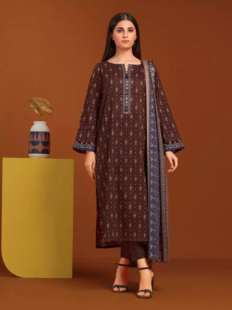 Edenrobe Printed Khaddar 3pc Unstitched Suit Dark Brown EWU23A3-27048