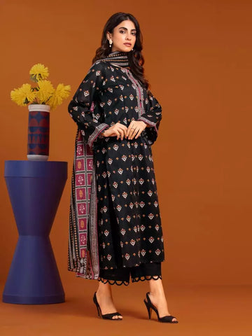 Edenrobe Printed Khaddar 3pc Unstitched Suit Black EWU23A3-27072
