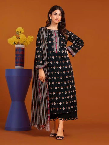 Edenrobe Printed Khaddar 3pc Unstitched Suit Black EWU23A3-27072