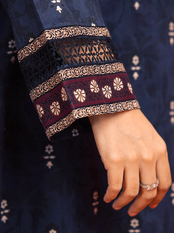 Edenrobe Printed Khaddar 3pc Unstitched Suit Navy Blue EWU23A3-27077