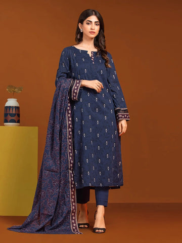 Edenrobe Printed Khaddar 3pc Unstitched Suit Navy Blue EWU23A3-27077