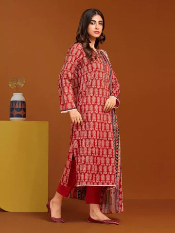 Edenrobe Printed Khaddar 3pc Unstitched Suit Rust EWU23A3-27088