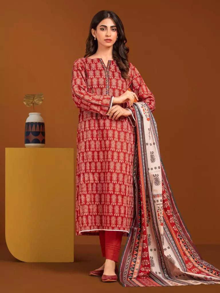 Edenrobe Printed Khaddar 3pc Unstitched Suit Rust EWU23A3-27088