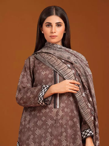 Edenrobe Printed Khaddar 3pc Unstitched Suit Brown EWU23A3-27115
