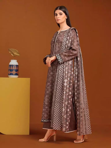 Edenrobe Printed Khaddar 3pc Unstitched Suit Brown EWU23A3-27115