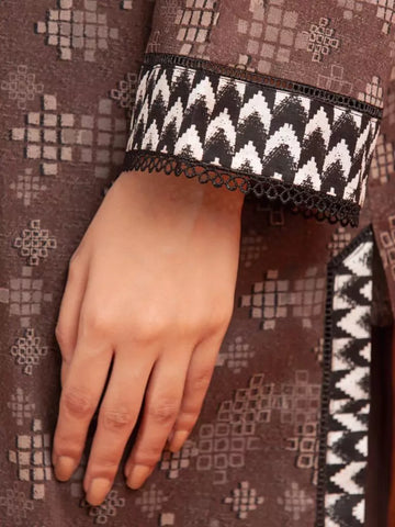 Edenrobe Printed Khaddar 3pc Unstitched Suit Brown EWU23A3-27115