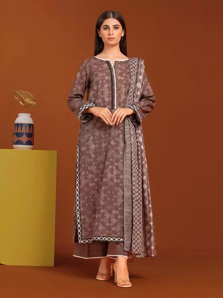 Edenrobe Printed Khaddar 3pc Unstitched Suit Brown EWU23A3-27115