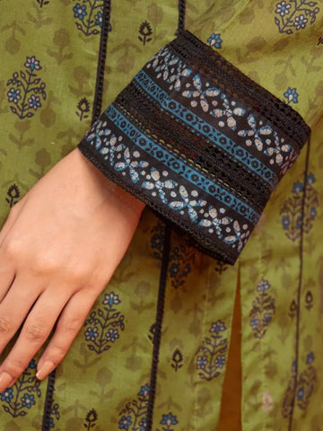 Edenrobe Printed Khaddar 3pc Unstitched Suit Olive EWU23A3-27130
