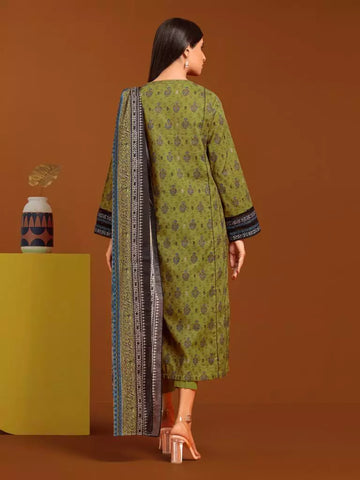 Edenrobe Printed Khaddar 3pc Unstitched Suit Olive EWU23A3-27130