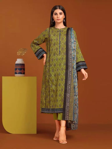 Edenrobe Printed Khaddar 3pc Unstitched Suit Olive EWU23A3-27130