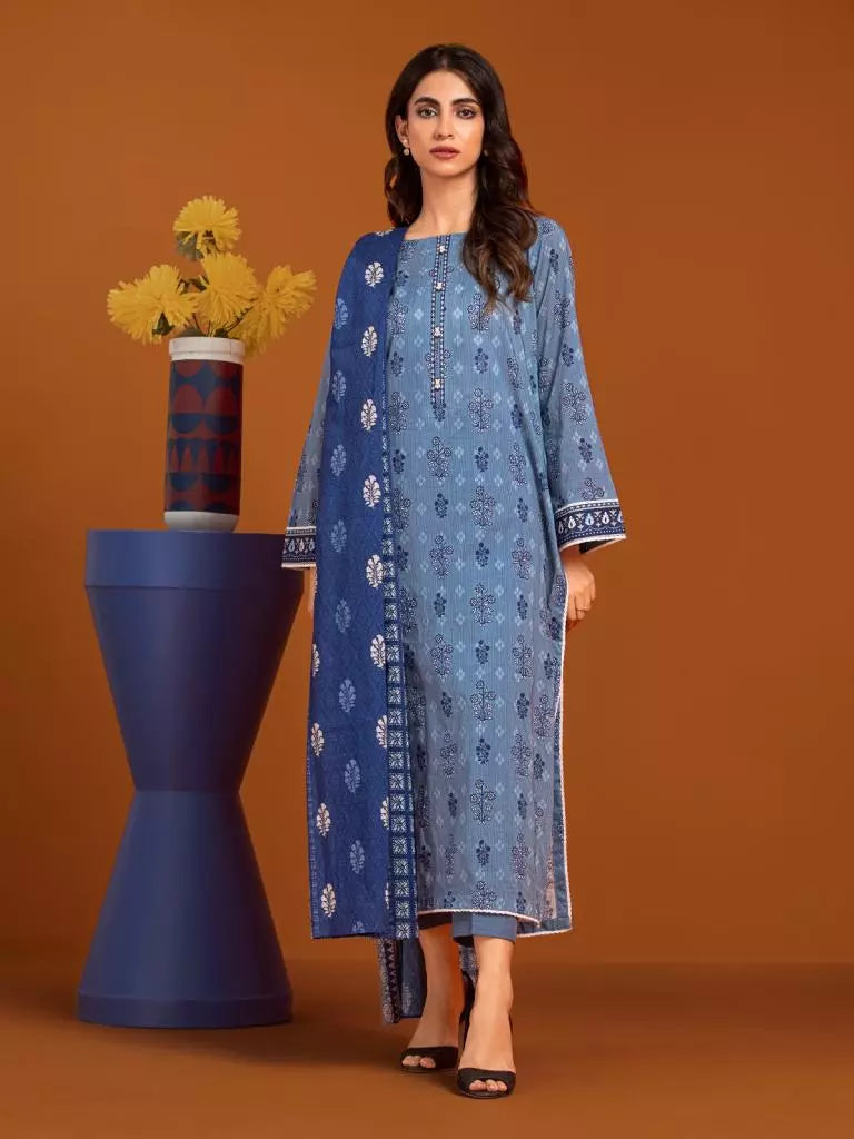 Edenrobe Printed Khaddar 3pc Unstitched Suit Blue EWU23A3-27133