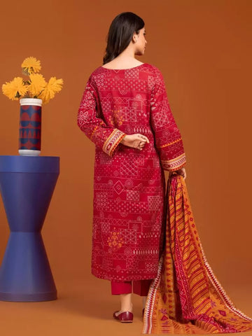 Edenrobe Printed Khaddar 3pc Unstitched Suit Maroon EWU23A3-27176