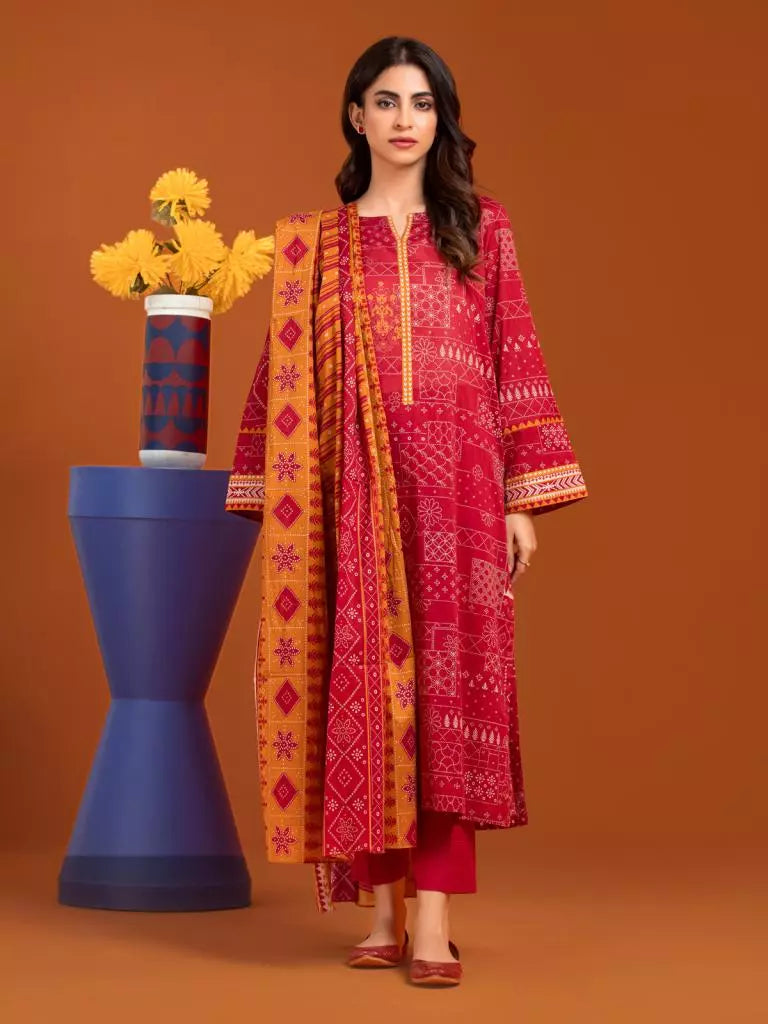 Edenrobe Printed Khaddar 3pc Unstitched Suit Maroon EWU23A3-27176