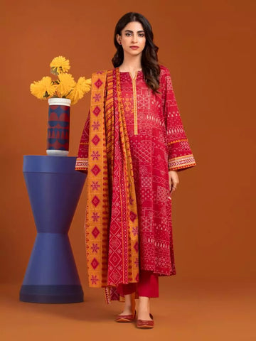 Edenrobe Printed Khaddar 3pc Unstitched Suit Maroon EWU23A3-27176