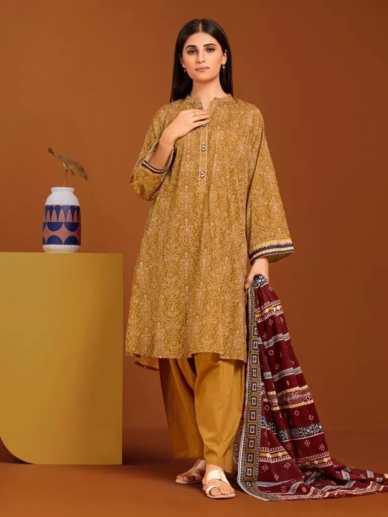 Edenrobe Printed Khaddar 3pc Unstitched Suit Golden  EWU23A3-27186