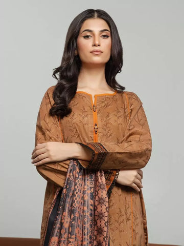 Edenrobe Printed Khaddar 3pc Unstitched Suit  Brown EWU23A3S-27604
