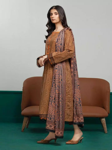 Edenrobe Printed Khaddar 3pc Unstitched Suit  Brown EWU23A3S-27604