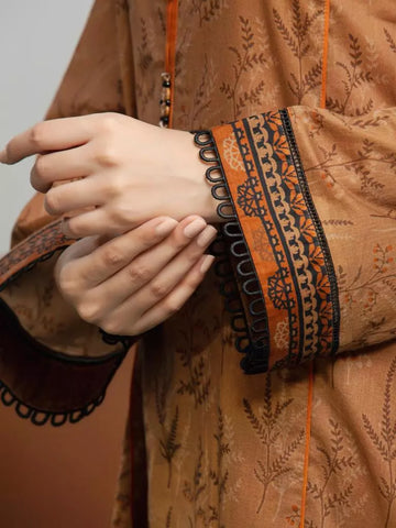 Edenrobe Printed Khaddar 3pc Unstitched Suit  Brown EWU23A3S-27604
