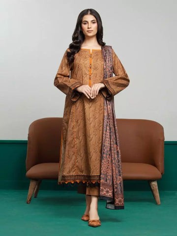 Edenrobe Printed Khaddar 3pc Unstitched Suit  Brown EWU23A3S-27604