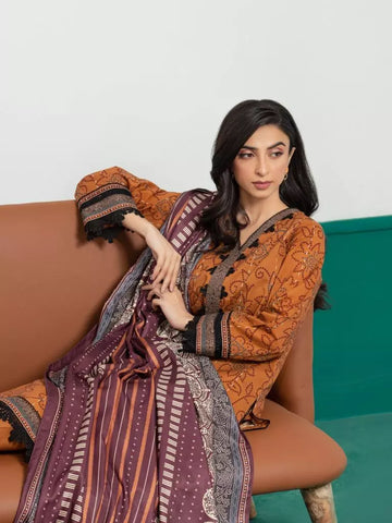 Edenrobe Printed Khaddar 3pc Unstitched Suit Brown EWU23A3S-27605