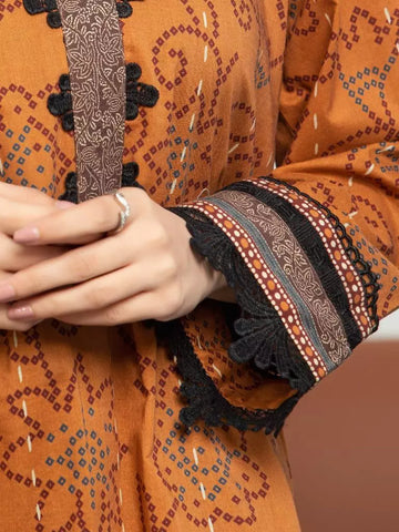 Edenrobe Printed Khaddar 3pc Unstitched Suit Brown EWU23A3S-27605