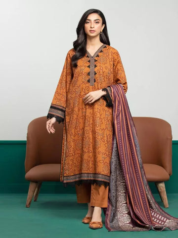 Edenrobe Printed Khaddar 3pc Unstitched Suit Brown EWU23A3S-27605