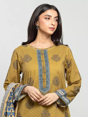 Edenrobe Printed Khaddar 3pc Unstitched Suit Mustard EWU23A3S-27606