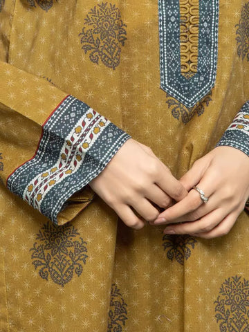 Edenrobe Printed Khaddar 3pc Unstitched Suit Mustard EWU23A3S-27606