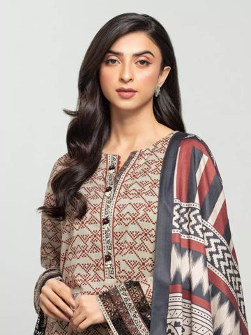 Edenrobe Printed Khaddar 3pc Unstitched Suit Dark Beige EWU23A3S-27608