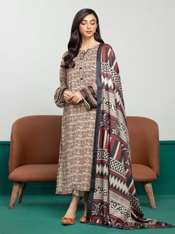 Edenrobe Printed Khaddar 3pc Unstitched Suit Dark Beige EWU23A3S-27608