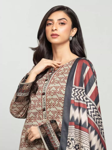 Edenrobe Printed Khaddar 3pc Unstitched Suit Dark Beige EWU23A3S-27608