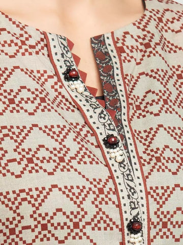 Edenrobe Printed Khaddar 3pc Unstitched Suit Dark Beige EWU23A3S-27608