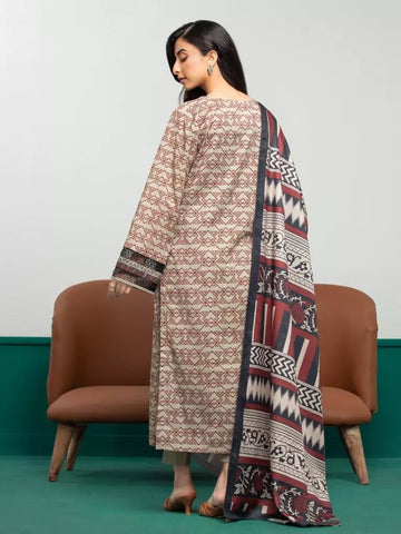 Edenrobe Printed Khaddar 3pc Unstitched Suit Dark Beige EWU23A3S-27608