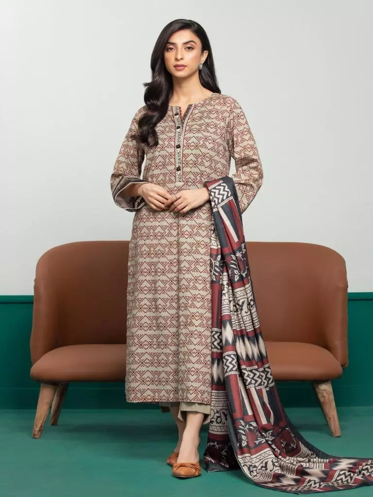 Edenrobe Printed Khaddar 3pc Unstitched Suit Dark Beige EWU23A3S-27608