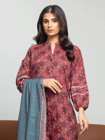 Edenrobe Printed Khaddar 3pc Unstitched Suit Deep Pink EWU23A3S-27609