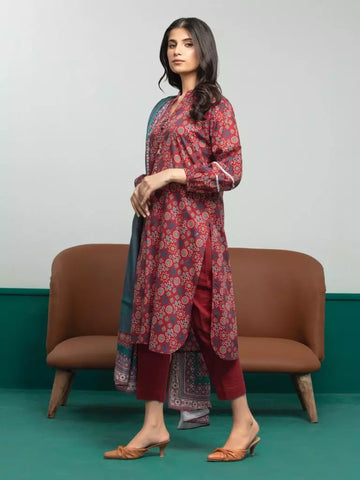 Edenrobe Printed Khaddar 3pc Unstitched Suit Deep Pink EWU23A3S-27609
