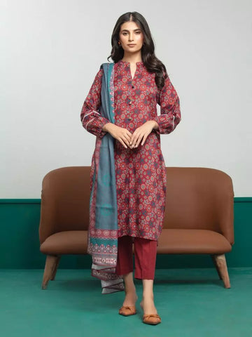 Edenrobe Printed Khaddar 3pc Unstitched Suit Deep Pink EWU23A3S-27609