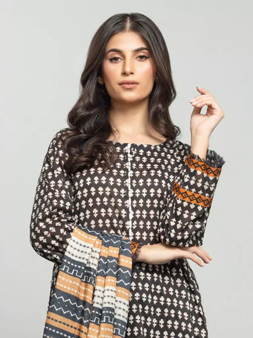 Edenrobe Printed Khaddar 3pc Unstitched Suit Black EWU23A3S-27629
