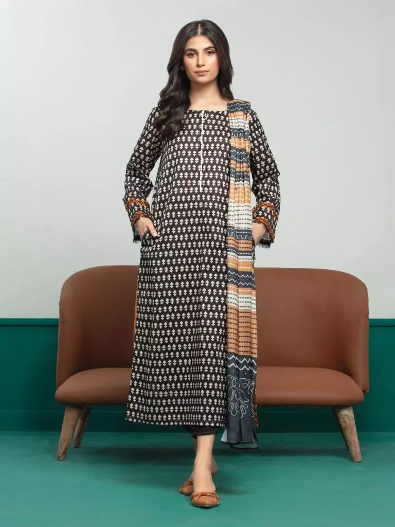 Edenrobe Printed Khaddar 3pc Unstitched Suit Black EWU23A3S-27629