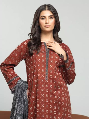 Edenrobe Printed Khaddar 3pc Unstitched Suit Brown  EWU23A3S-27631