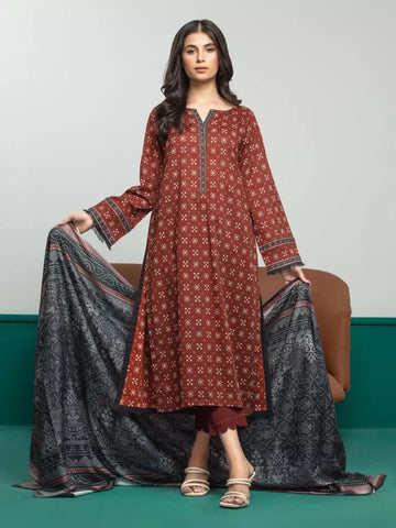 Edenrobe Printed Khaddar 3pc Unstitched Suit Brown  EWU23A3S-27631